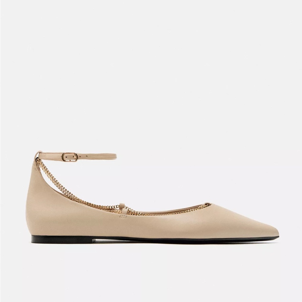 Zara Cream Flats with Ankle Strap and Rounded Toe
